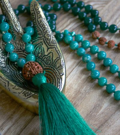 rainforest mala necklace, jade, amazonite